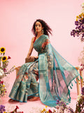 Turquoise Cotton Digital Print Floral Saree with Unstitched Blouse - Hiral Fashion