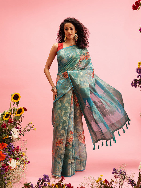 Turquoise Cotton Digital Print Floral Saree with Unstitched Blouse - Hiral Fashion
