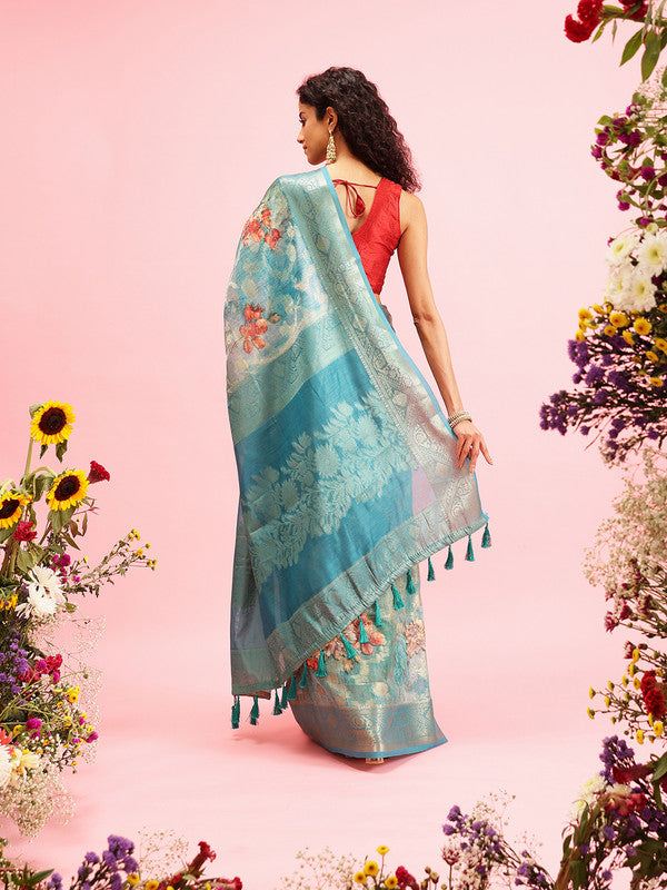 Turquoise Cotton Digital Print Floral Saree with Unstitched Blouse - Hiral Fashion