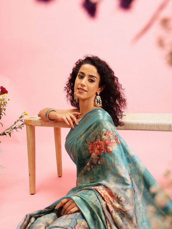 Turquoise Cotton Digital Print Floral Saree with Unstitched Blouse - Hiral Fashion
