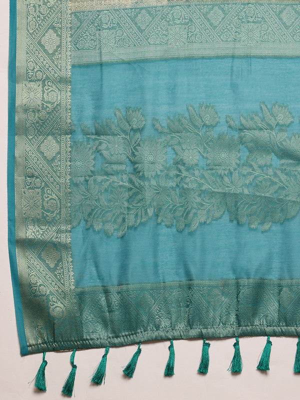 Turquoise Cotton Digital Print Floral Saree with Unstitched Blouse - Hiral Fashion