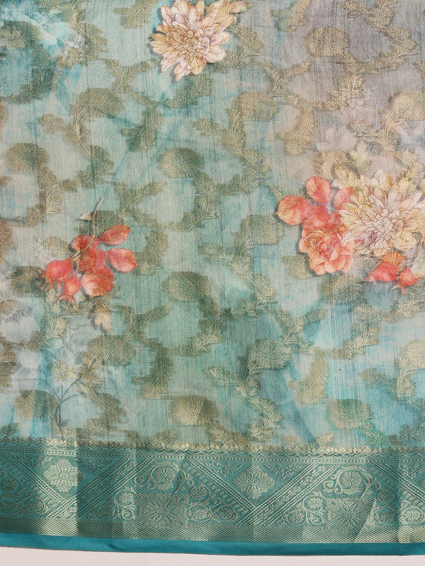Turquoise Cotton Digital Print Floral Saree with Unstitched Blouse - Hiral Fashion