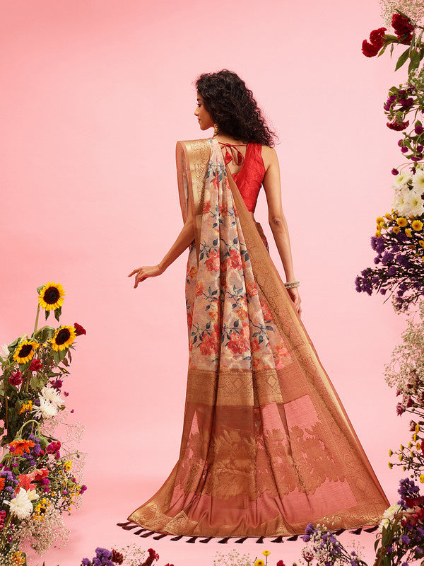 Beige Cotton Digital Print Floral Saree with Unstitched Blouse - Hiral Fashion