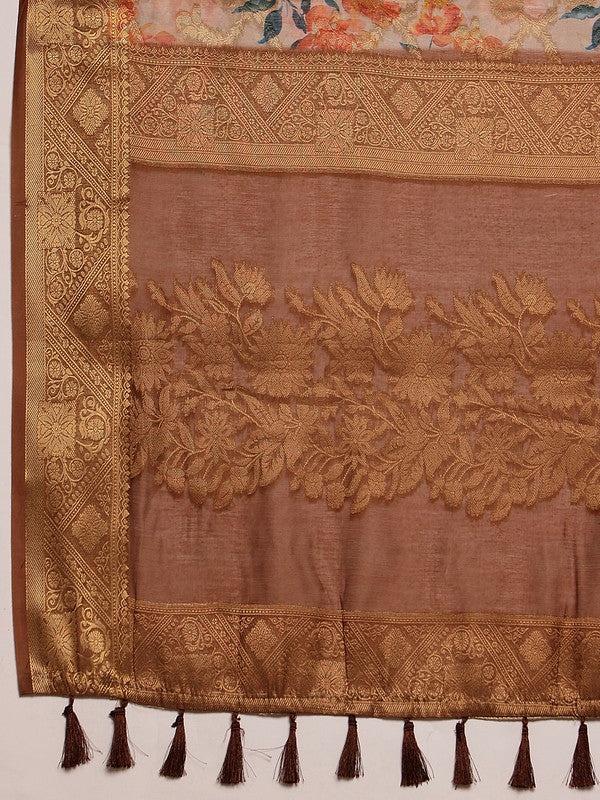 Beige Cotton Digital Print Floral Saree with Unstitched Blouse - Hiral Fashion