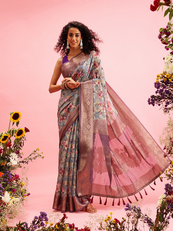 Gray Cotton Digital Print Floral Saree with Unstitched Blouse - Hiral Fashion