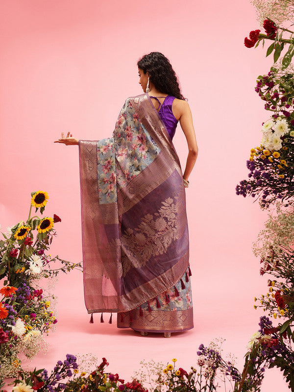 Gray Cotton Digital Print Floral Saree with Unstitched Blouse - Hiral Fashion