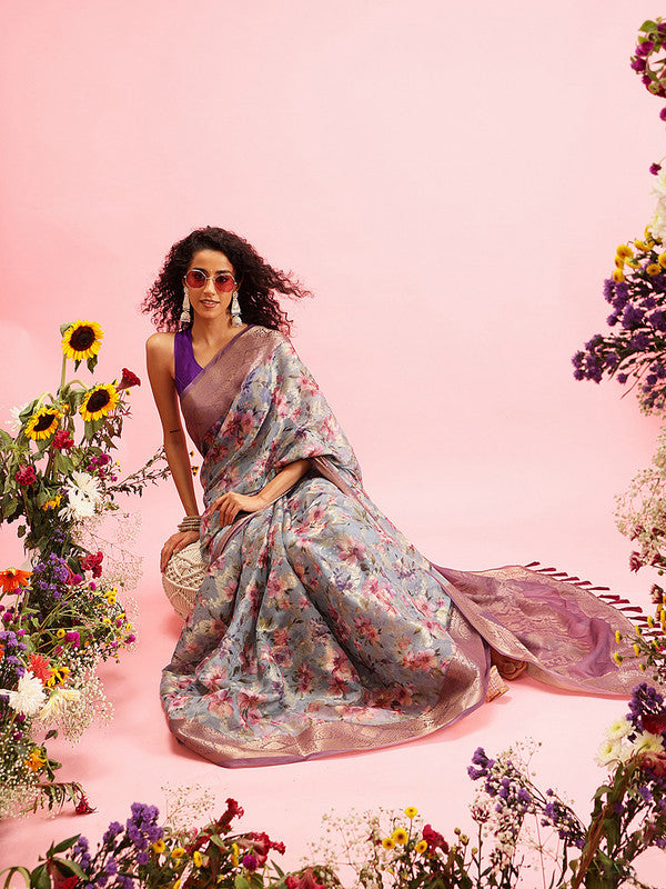 Gray Cotton Digital Print Floral Saree with Unstitched Blouse - Hiral Fashion