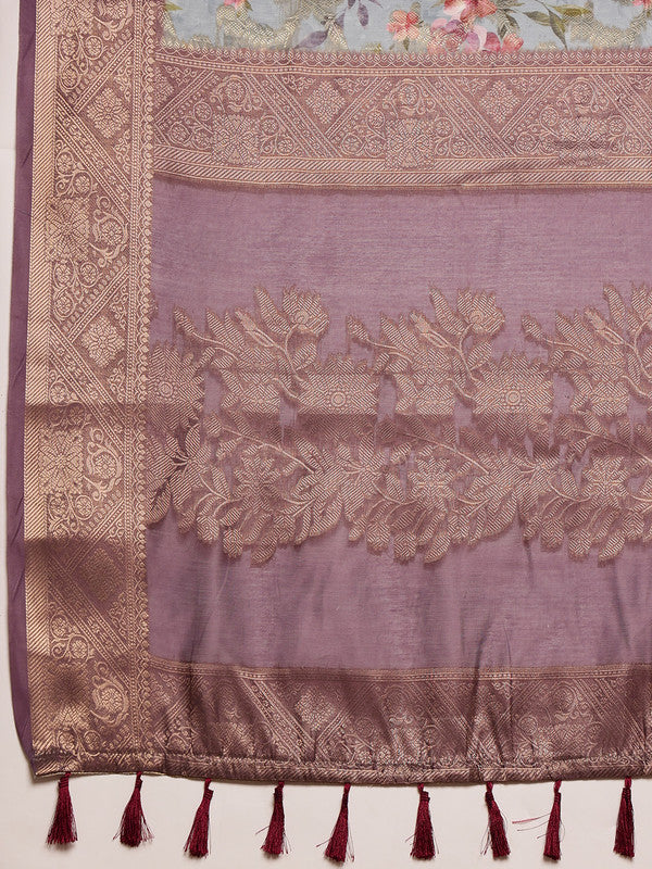 Gray Cotton Digital Print Floral Saree with Unstitched Blouse - Hiral Fashion