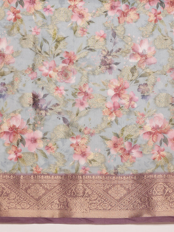 Gray Cotton Digital Print Floral Saree with Unstitched Blouse - Hiral Fashion