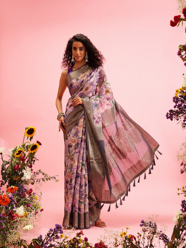 Lavender Cotton Digital Print Floral Saree with Unstitched Blouse - Hiral Fashion