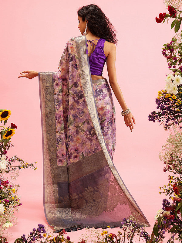 Lavender Cotton Digital Print Floral Saree with Unstitched Blouse - Hiral Fashion