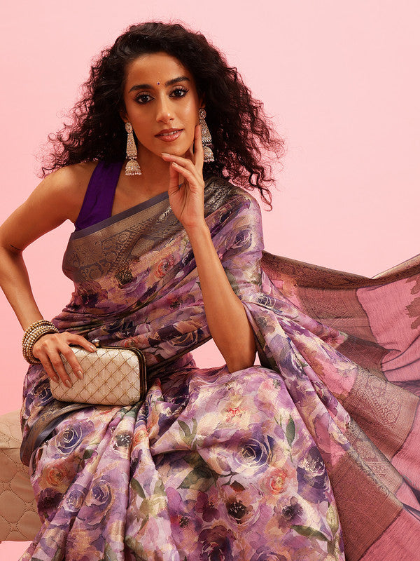 Lavender Cotton Digital Print Floral Saree with Unstitched Blouse - Hiral Fashion