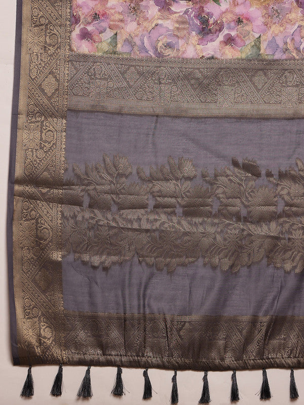 Lavender Cotton Digital Print Floral Saree with Unstitched Blouse - Hiral Fashion