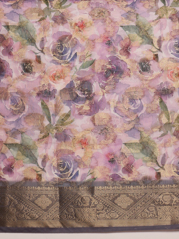 Lavender Cotton Digital Print Floral Saree with Unstitched Blouse - Hiral Fashion