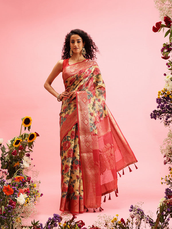 Mustard Cotton Digital Print Floral Saree with Unstitched Blouse - Hiral Fashion