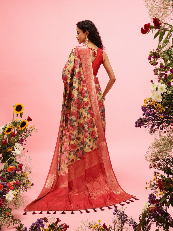 Mustard Cotton Digital Print Floral Saree with Unstitched Blouse - Hiral Fashion