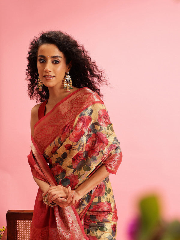 Mustard Cotton Digital Print Floral Saree with Unstitched Blouse - Hiral Fashion