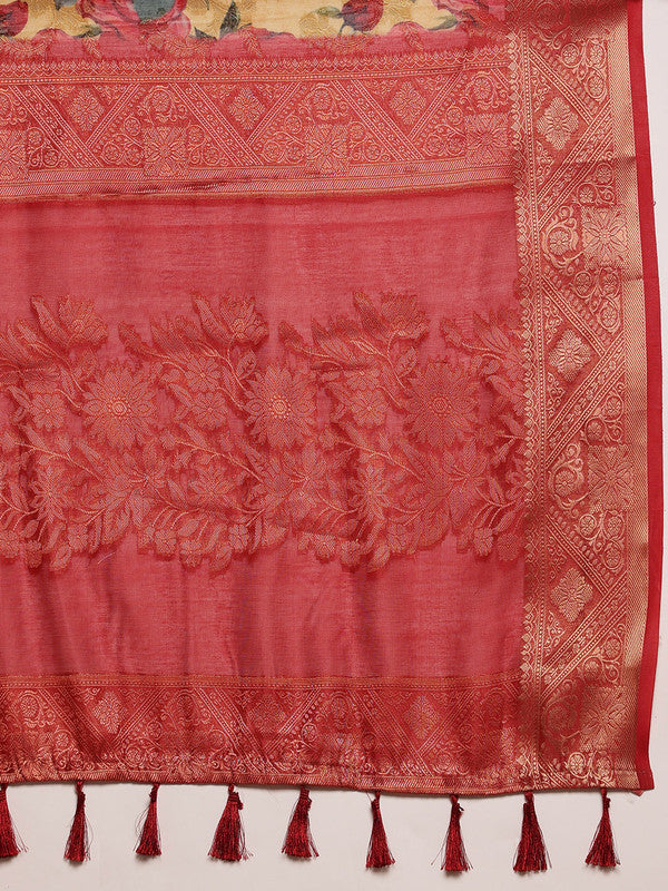 Mustard Cotton Digital Print Floral Saree with Unstitched Blouse - Hiral Fashion