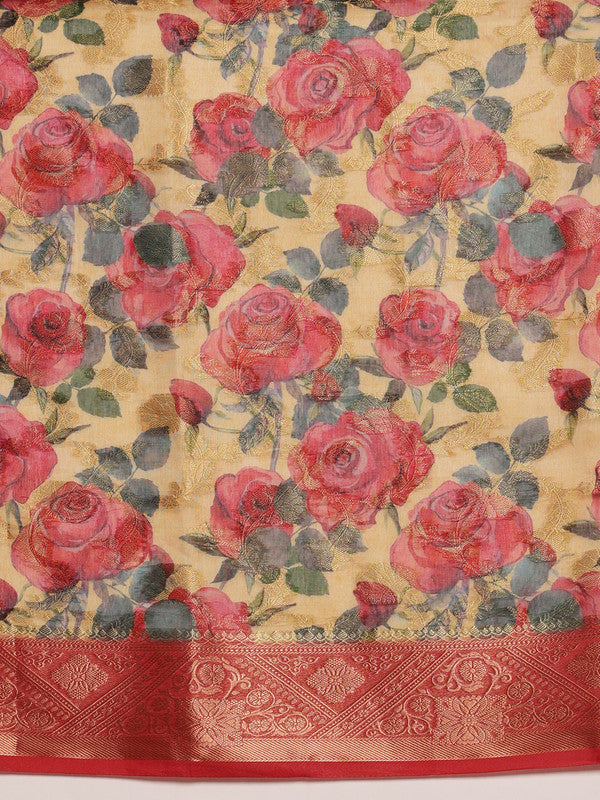 Mustard Cotton Digital Print Floral Saree with Unstitched Blouse - Hiral Fashion