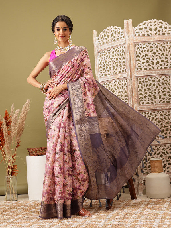 Pink Cotton Digital Print Floral Saree with Unstitched Blouse - Hiral Fashion