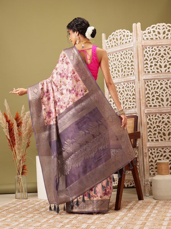 Pink Cotton Digital Print Floral Saree with Unstitched Blouse - Hiral Fashion