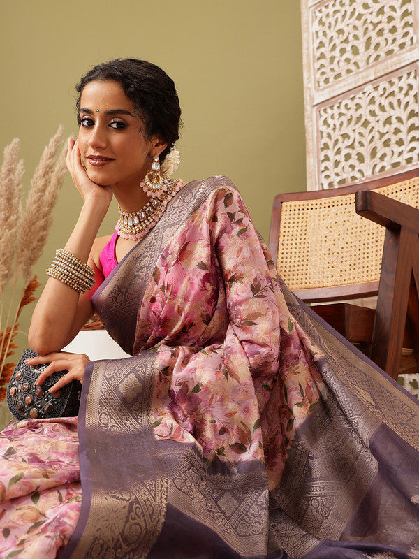 Pink Cotton Digital Print Floral Saree with Unstitched Blouse - Hiral Fashion