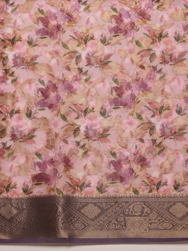 Pink Cotton Digital Print Floral Saree with Unstitched Blouse - Hiral Fashion
