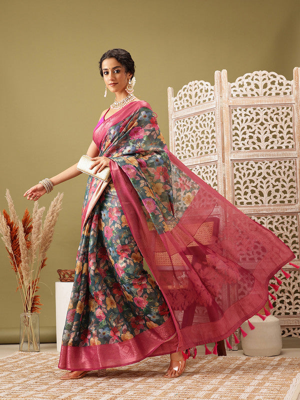 Turquoise Cotton Digital Print Floral Saree with Unstitched Blouse - Hiral Fashion