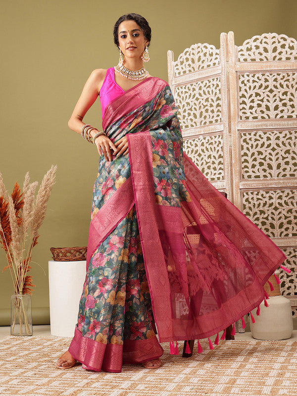 Turquoise Cotton Digital Print Floral Saree with Unstitched Blouse - Hiral Fashion