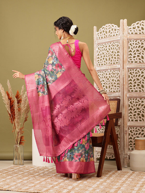 Turquoise Cotton Digital Print Floral Saree with Unstitched Blouse - Hiral Fashion