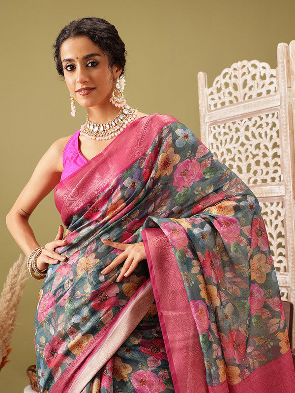 Turquoise Cotton Digital Print Floral Saree with Unstitched Blouse - Hiral Fashion