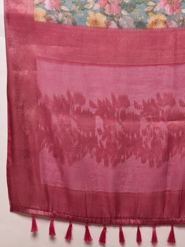 Turquoise Cotton Digital Print Floral Saree with Unstitched Blouse - Hiral Fashion