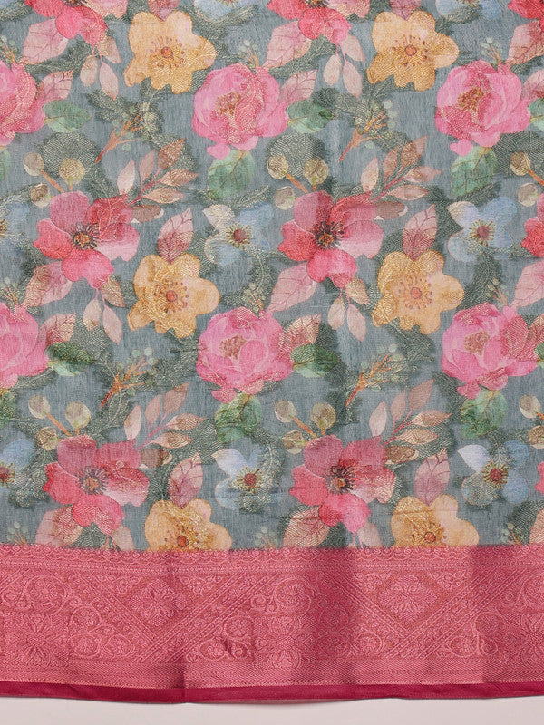 Turquoise Cotton Digital Print Floral Saree with Unstitched Blouse - Hiral Fashion