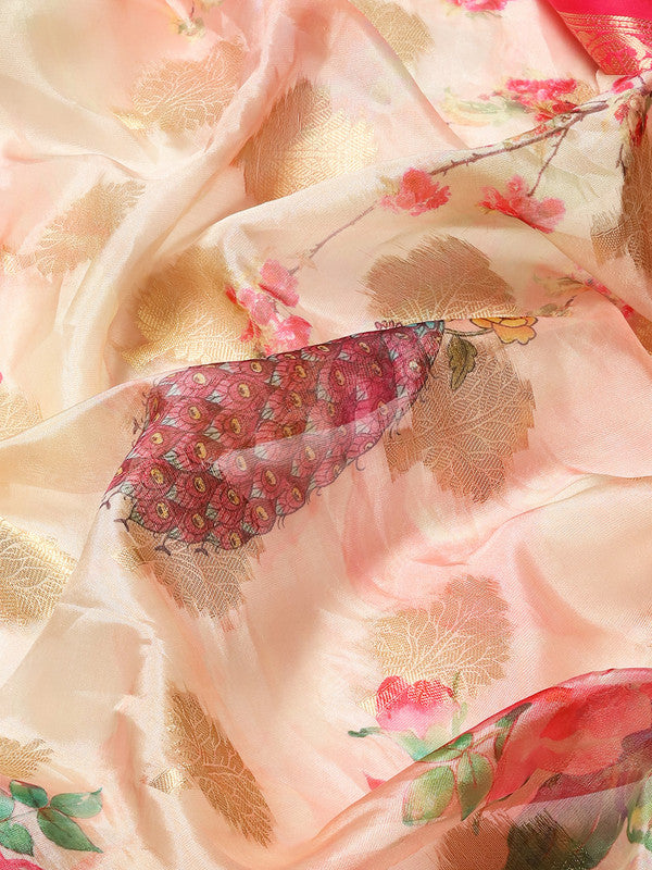 Pink Chanderi Art Silk Printed Floral Saree with Unstitched Blouse - Hiral Fashion