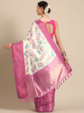Off White Pure Silk Digital Print Floral Saree with Unstitched Blouse - Hiral Fashion