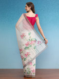 Beige Cotton Blend Digital Print Floral Saree with Unstitched Blouse - Hiral Fashion