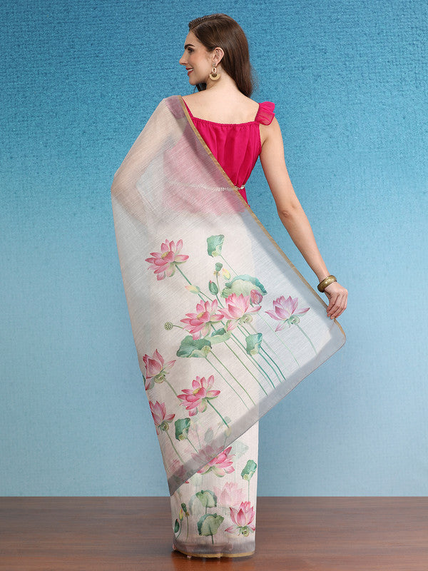 Beige Cotton Blend Digital Print Floral Saree with Unstitched Blouse - Hiral Fashion