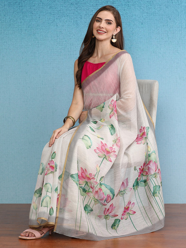 Beige Cotton Blend Digital Print Floral Saree with Unstitched Blouse - Hiral Fashion