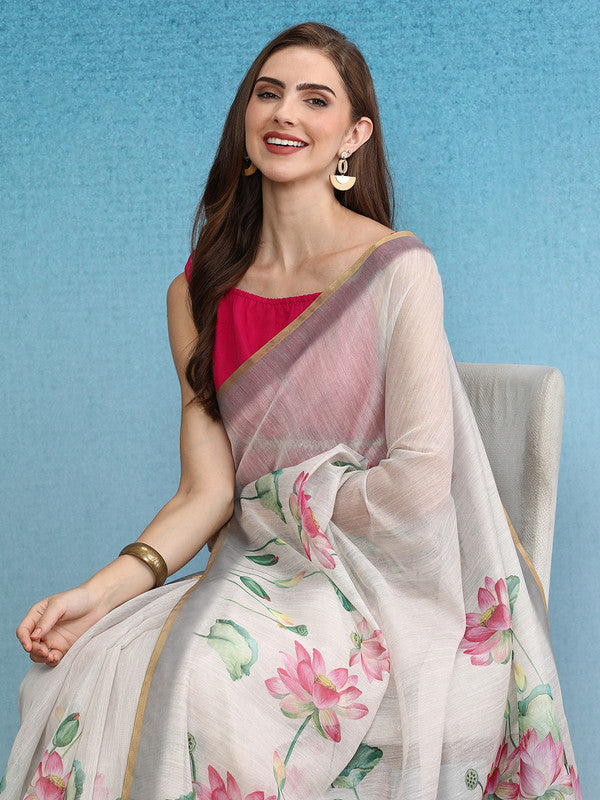 Beige Cotton Blend Digital Print Floral Saree with Unstitched Blouse - Hiral Fashion