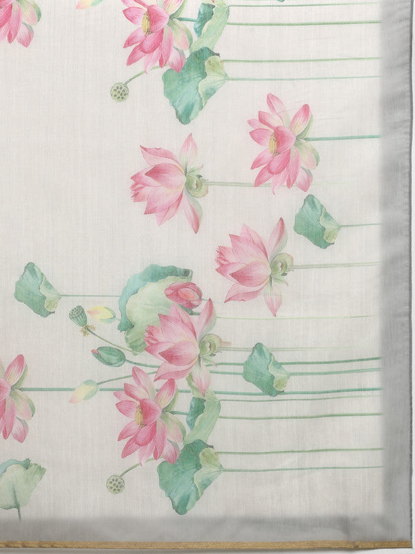 Beige Cotton Blend Digital Print Floral Saree with Unstitched Blouse - Hiral Fashion