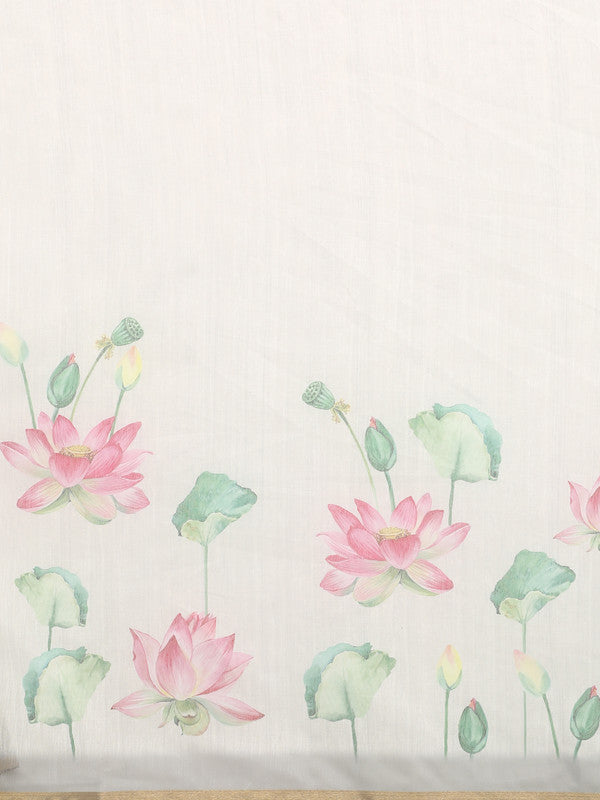Beige Cotton Blend Digital Print Floral Saree with Unstitched Blouse - Hiral Fashion
