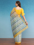 Mustard Cotton Blend Digital Print Striped Saree with Unstitched Blouse - Hiral Fashion