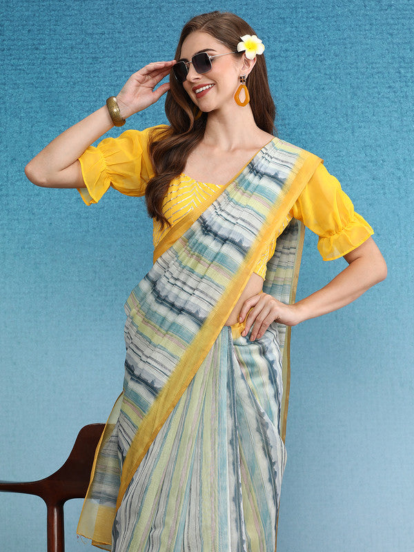 Mustard Cotton Blend Digital Print Striped Saree with Unstitched Blouse - Hiral Fashion