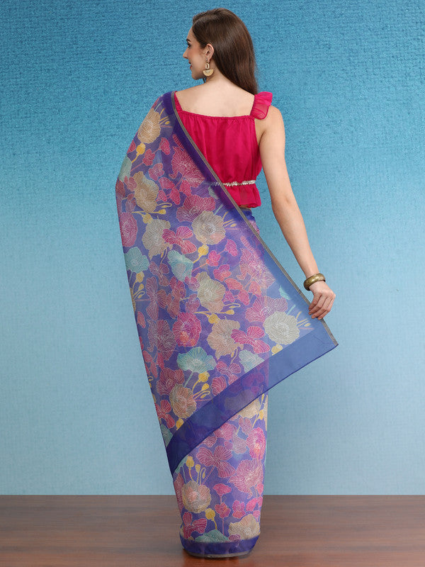 Multicolor Cotton Blend Digital Print Floral Saree with Unstitched Blouse - Hiral Fashion