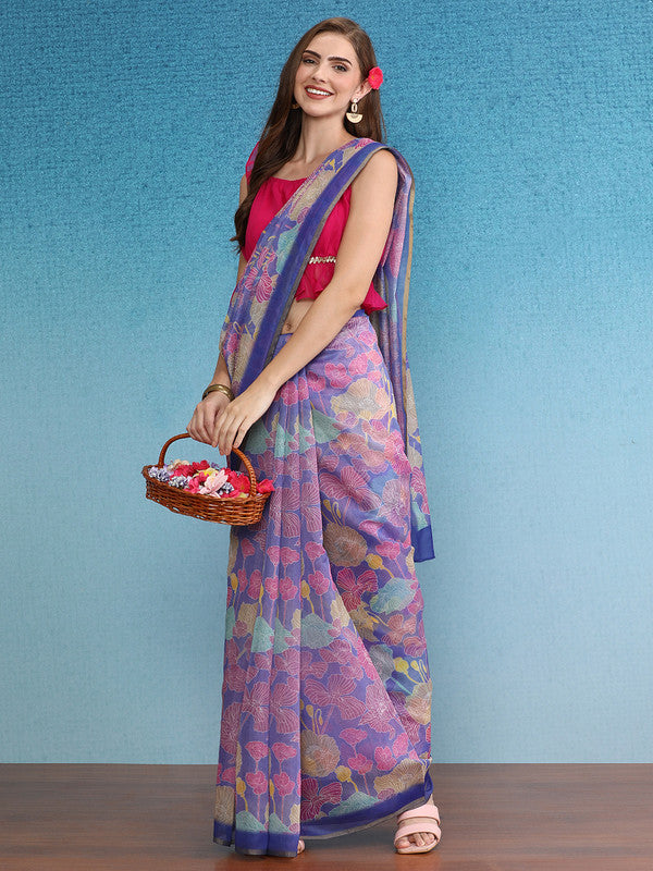 Multicolor Cotton Blend Digital Print Floral Saree with Unstitched Blouse - Hiral Fashion