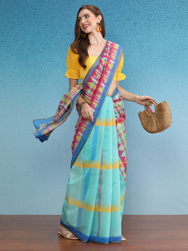 Multicolor Cotton Blend Digital Print Geomatric Saree with Unstitched Blouse - Hiral Fashion