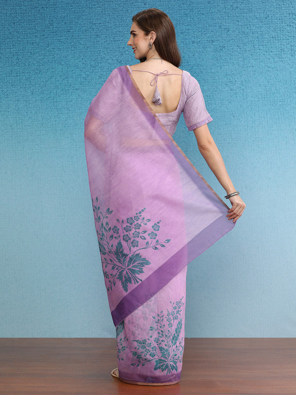 Purple Cotton Blend Digital Print Floral Saree with Unstitched Blouse - Hiral Fashion