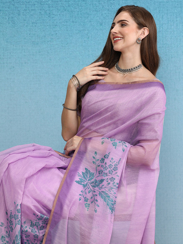 Purple Cotton Blend Digital Print Floral Saree with Unstitched Blouse - Hiral Fashion