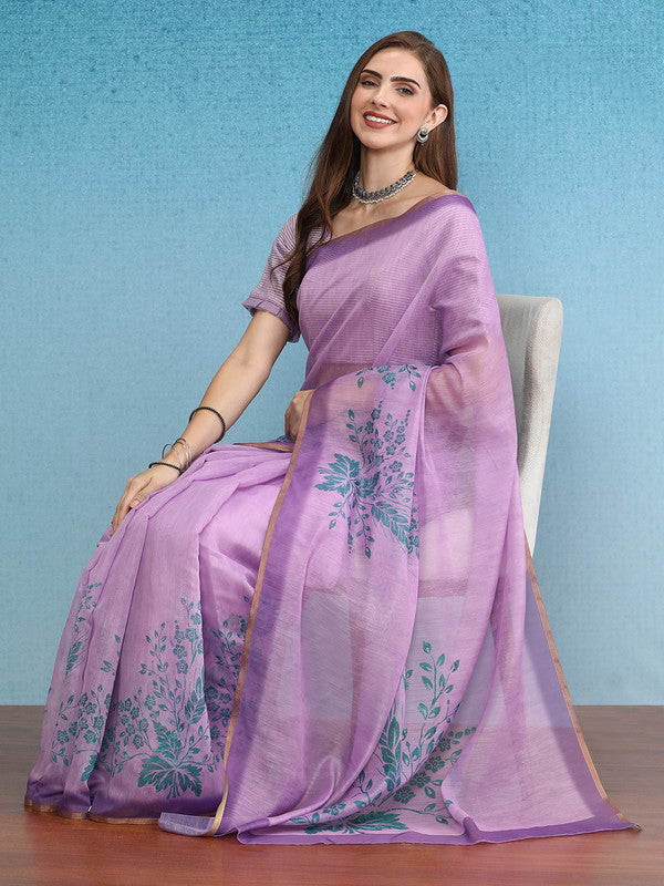 Purple Cotton Blend Digital Print Floral Saree with Unstitched Blouse - Hiral Fashion