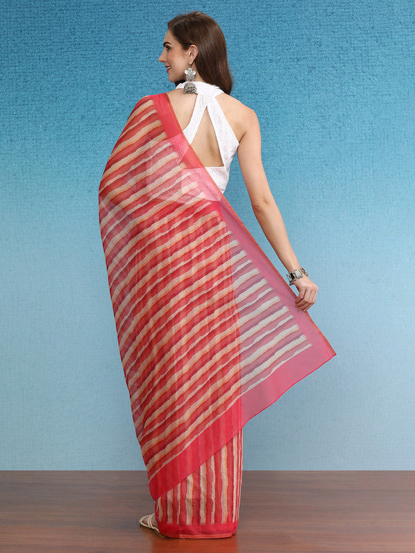Red Cotton Blend Digital Print Striped Saree with Unstitched Blouse - Hiral Fashion
